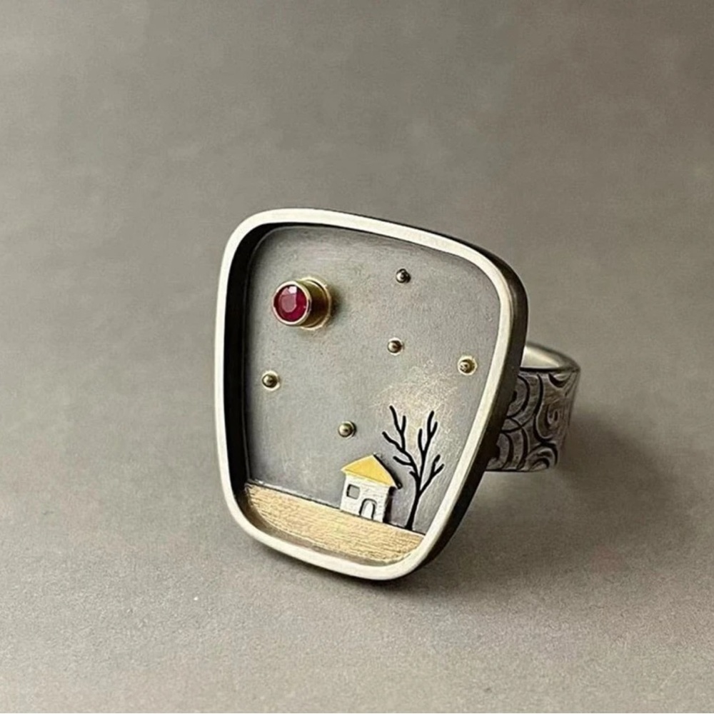 2/$30🌵 Antiqued Silver House Under The Stars And Sky Ring Rustic Boho NEW Sz 8 - Picture 3 of 11